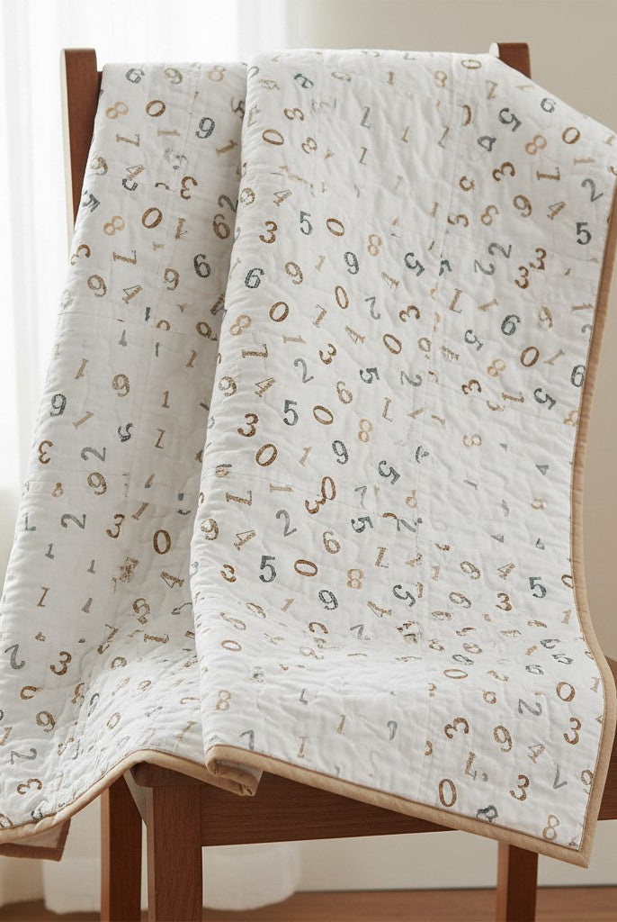 Carmon's Quilt Shop Soaring Dreams white 100% cotton fabric with scattered gray and blue numbers. Jessica Yon Lo designer.