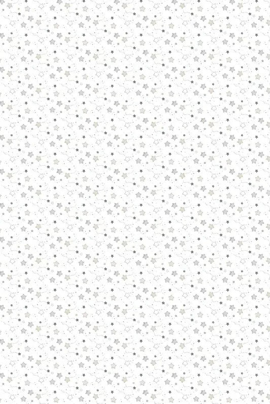 Carmon's Quilt Shop Soaring Dreams white stars fabric by Jessica Yon Lo, 100% cotton, gray-blue hue.