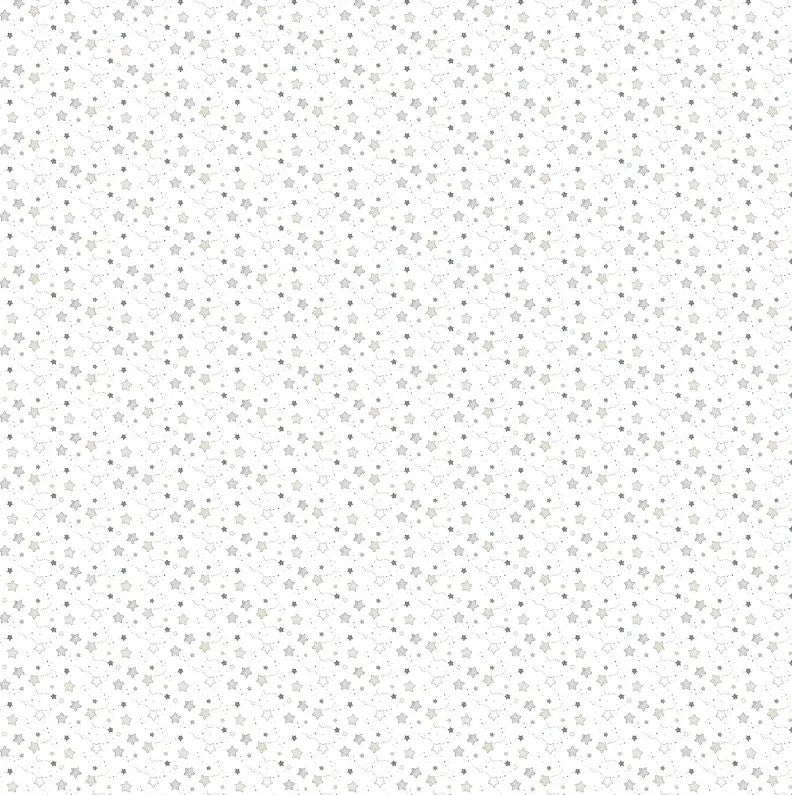 Carmon's Quilt Shop Soaring Dreams white stars fabric by Jessica Yon Lo, 100% cotton, gray-blue hue.
