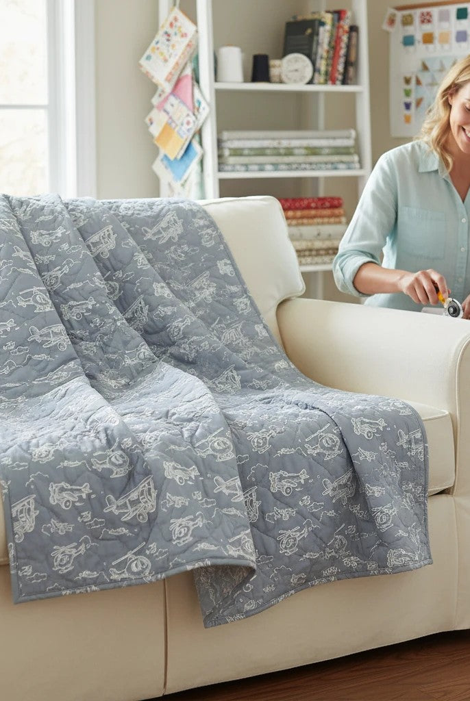 Carmon's Quilt Shop Soaring Dreams Teal 100% Cotton fabric with a repeating pattern of airplanes and helicopters in white on a gray-blue background.