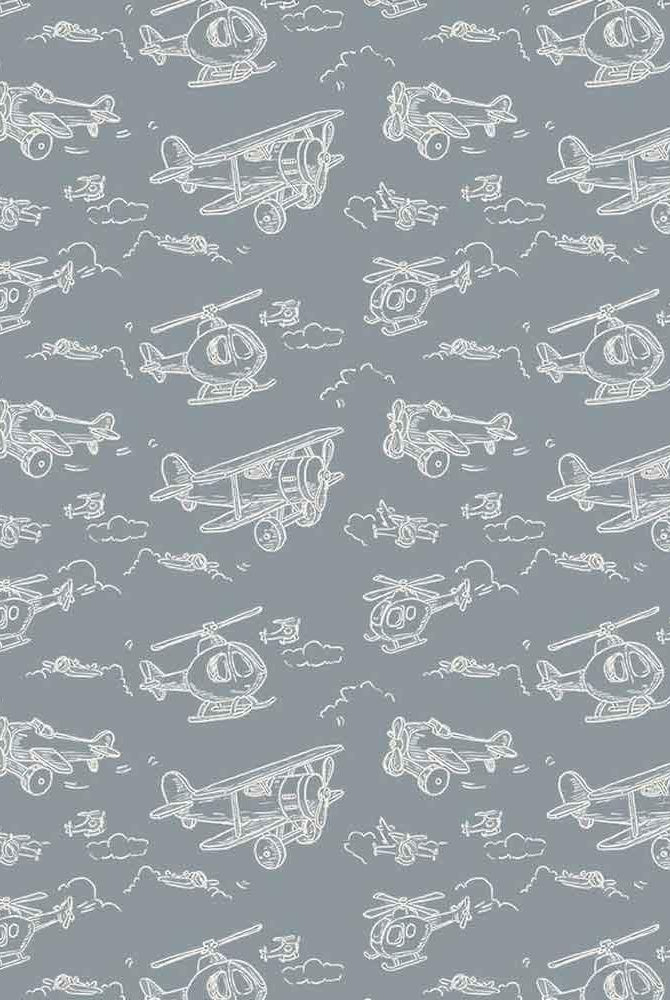 Carmon's Quilt Shop Soaring Dreams Teal Fabric features white line drawings of biplanes, helicopters, and clouds on a gray-blue background. 100% cotton.