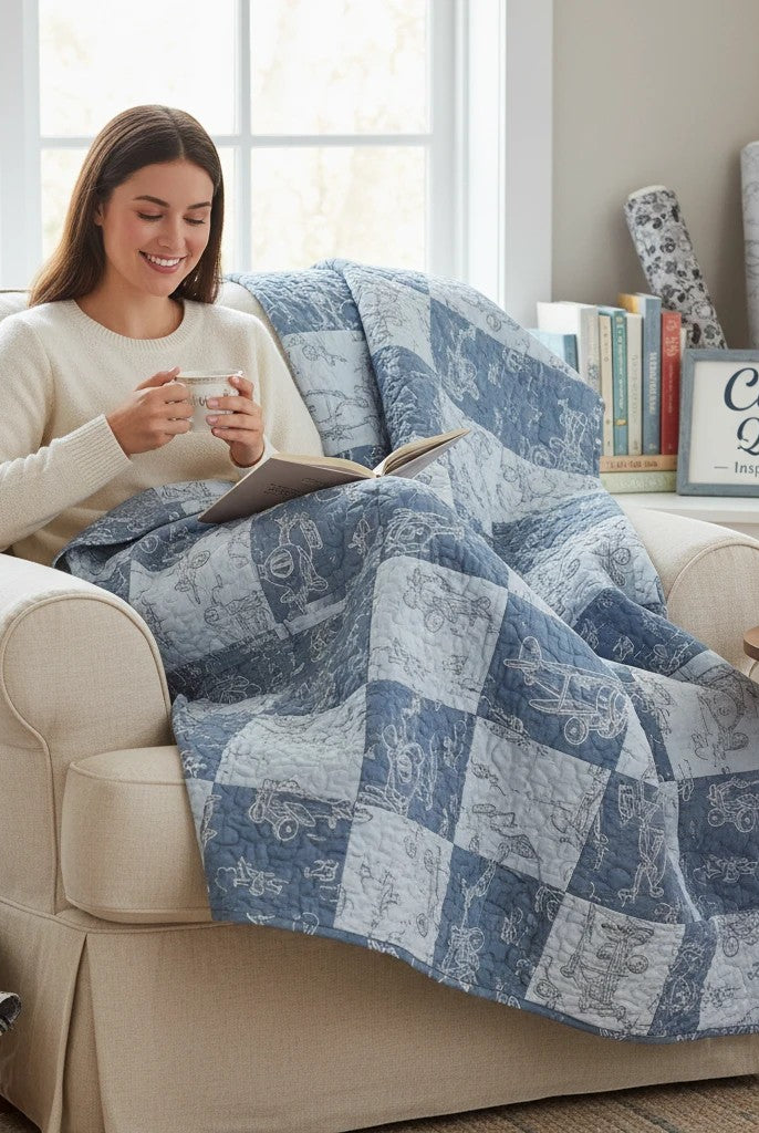 Carmon's Quilt Shop Soaring Dreams teal and gray blue 100% cotton fabric with teddy bear aviator print. Ideal for quilting.