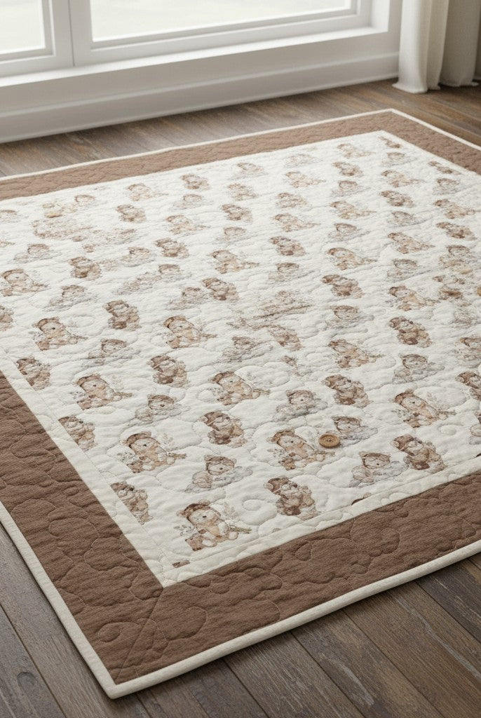 Carmon's Quilt Shop Soaring Dreams cream 100% cotton fabric with watercolor teddy bears dressed as pilots on clouds.
