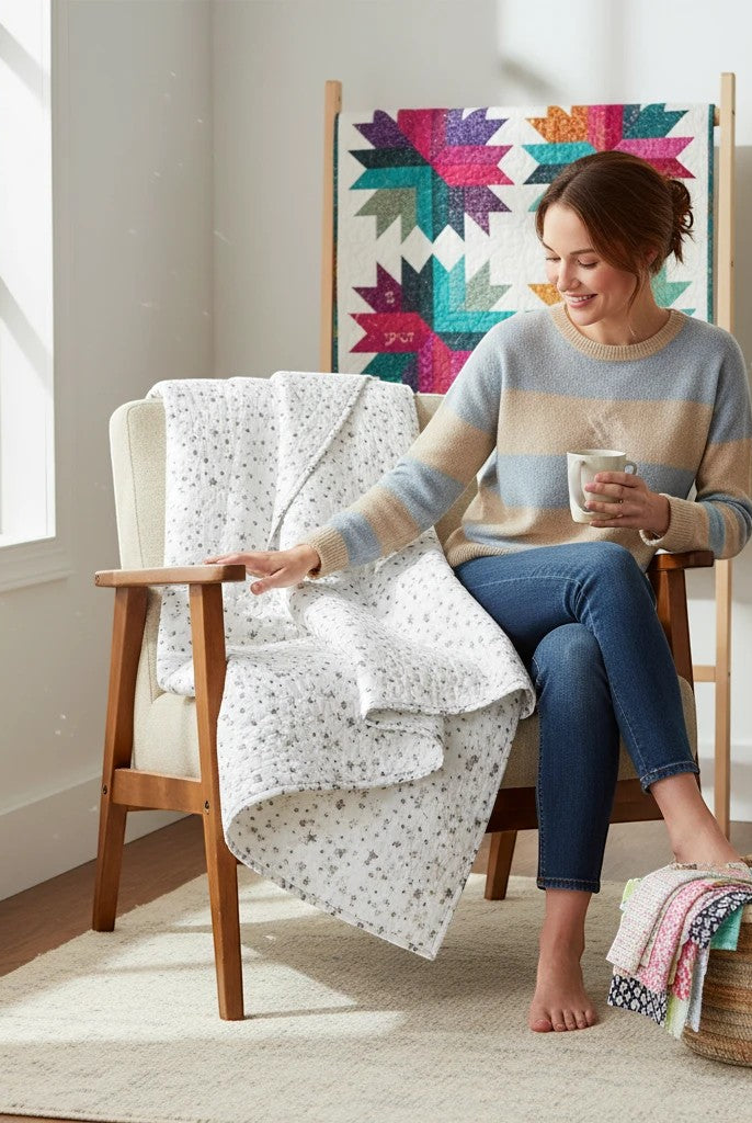 Carmon's Quilt Shop Soaring Dreams white cotton fabric with small gray stars, ideal for quilting projects.