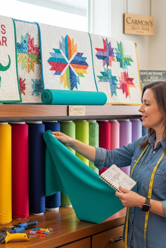 Carmon's Quilt Shop employee holding Peacock Colorworks solid teal 100% cotton fabric.