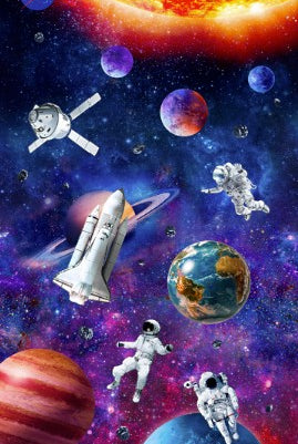 Carmon's Quilt Shop Space Odyssey fabric panel featuring NASA astronauts, space shuttle, planets, and a bright sun.
