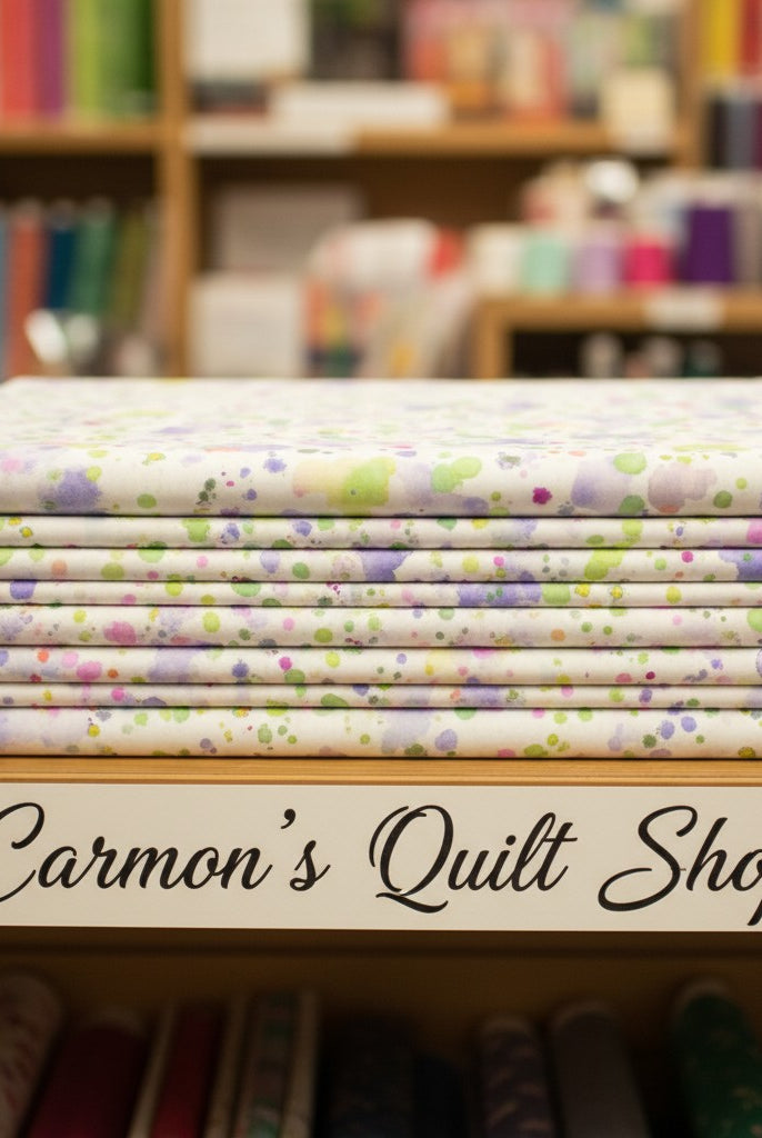 Carmon's Quilt Shop Sally's Speckle paint splatter 108-inch wide cotton backing fabric folded on a store shelf.