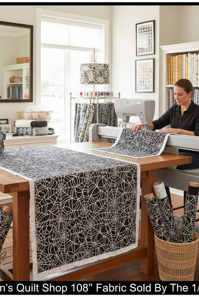 Carmon's Quilt Shop black and white spiderweb print 108-inch wide cotton quilting fabric on a sewing table.