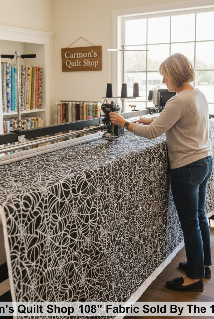 Carmon's Quilt Shop 108-inch black cotton fabric with white spiderweb print on a longarm quilting machine