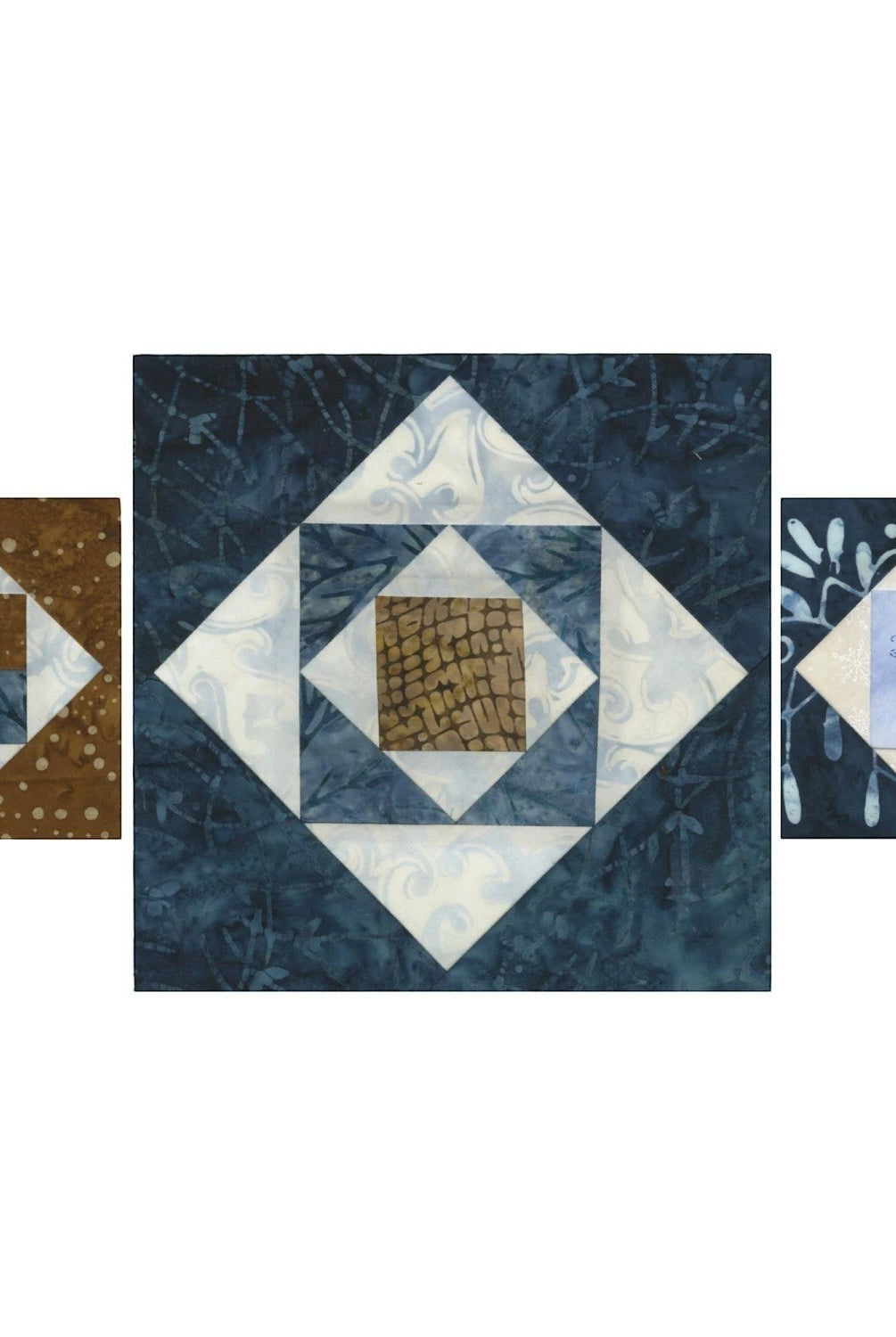Carmon's Quilt Shop Square on Square Trim Tool for 4in or 8in finished blocks. Features blue, white, and brown fabric quilt blocks.