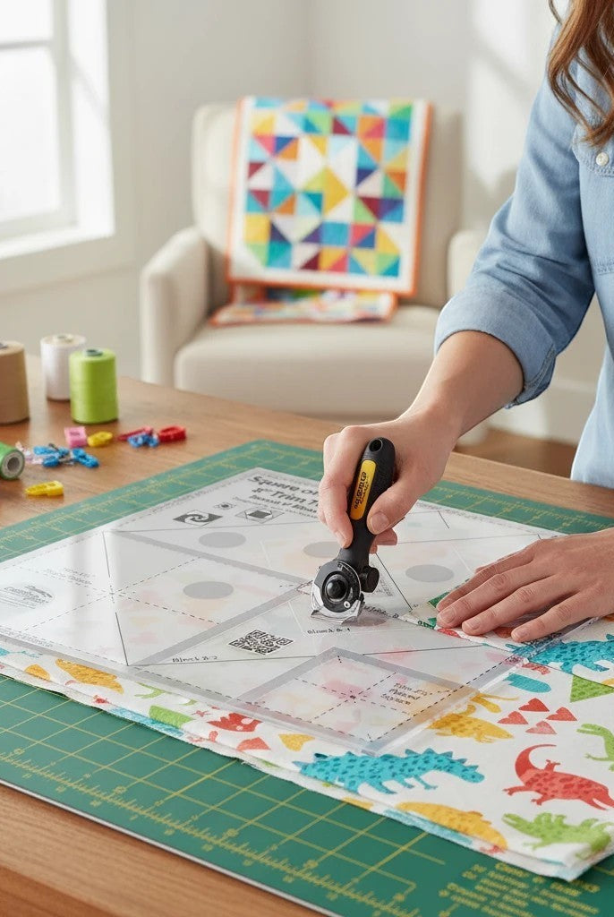Carmon's Quilt Shop Square on Square Trim Tool, clear acrylic ruler with black markings, used for cutting fabric squares. Includes a rotary cutter.