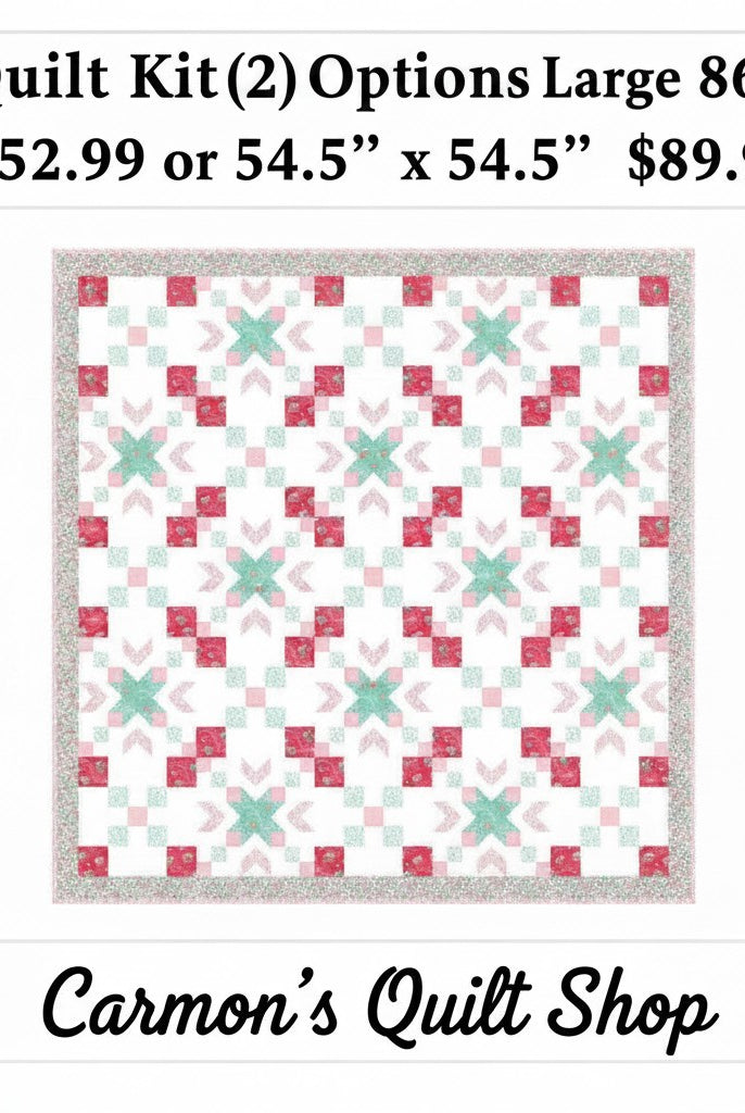 Carmon's Quilt Shop Starry-Eyed quilt kit featuring floral 100% cotton fabric in pink and teal geometric patterns.