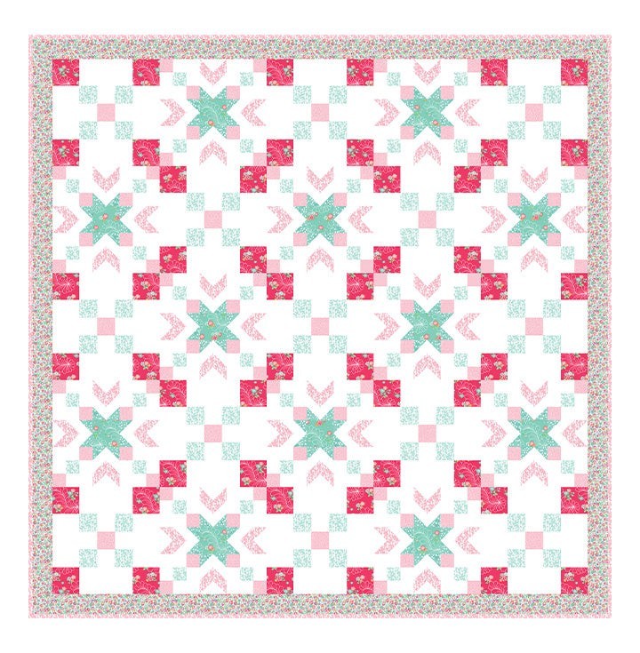 Carmon's Quilt Shop Starry-Eyed quilt kit featuring floral pink and teal 100% cotton fabric in a geometric star pattern.