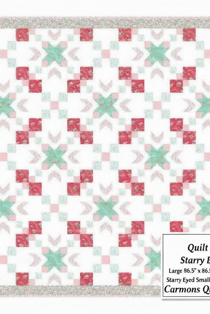 Carmon's Quilt Shop Starry-Eyed quilt kit featuring floral 100% cotton fabric in pink, green, and white patterns.
