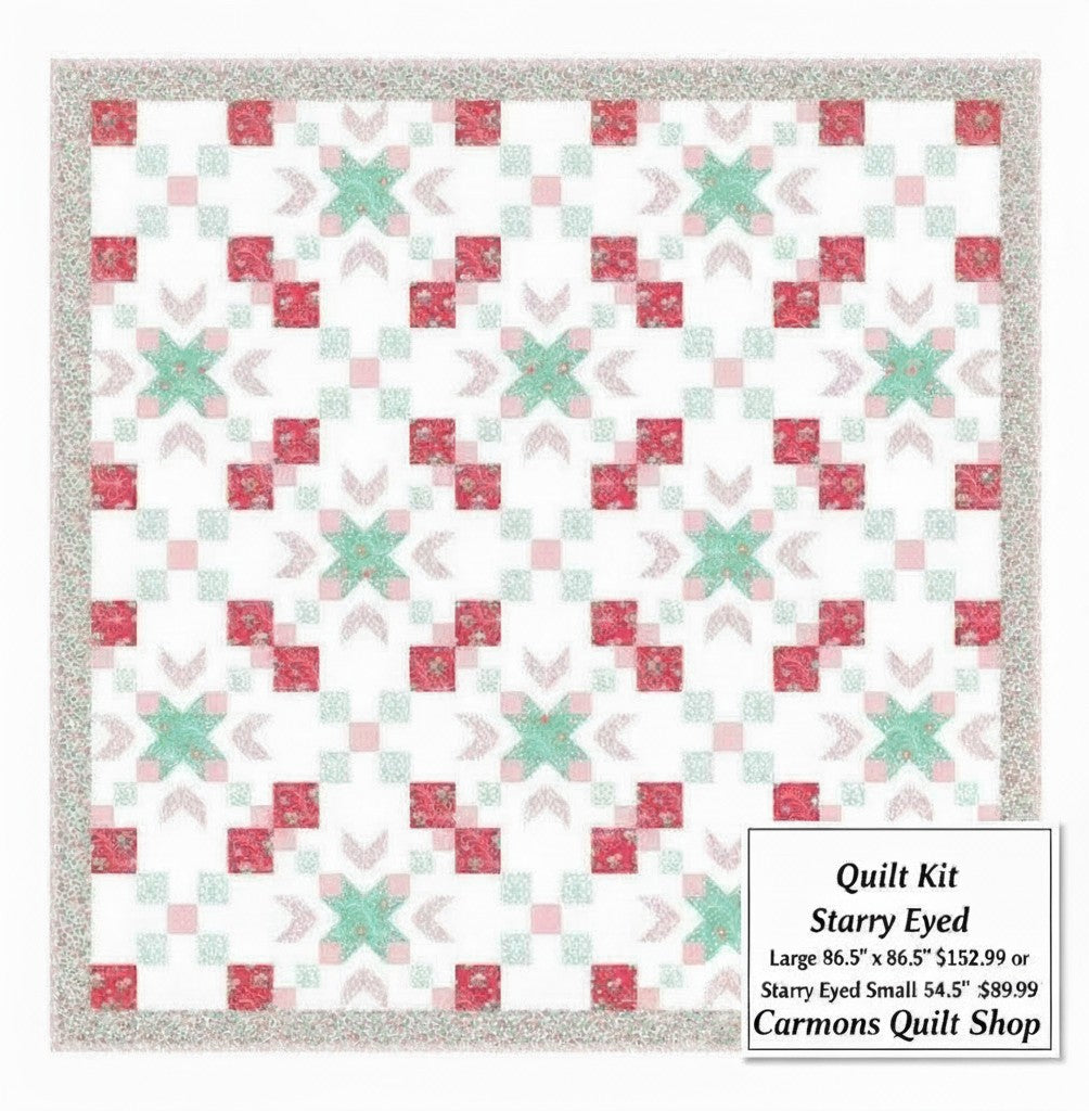 Carmon's Quilt Shop Starry-Eyed quilt kit featuring floral 100% cotton fabric in pink, green, and white patterns.