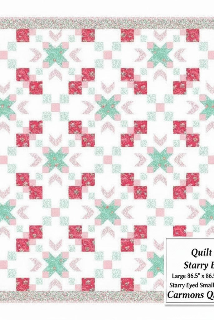 Carmon's Quilt Shop Starry-Eyed quilt kit featuring floral pink and green cotton fabric in a geometric star pattern.