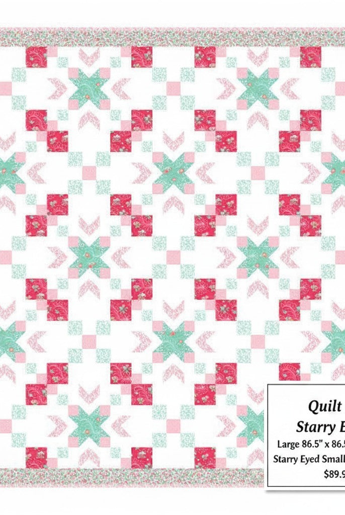 Carmon's Quilt Shop Starry-Eyed quilt kit featuring floral Northcott cotton fabrics in pink, green, and white.