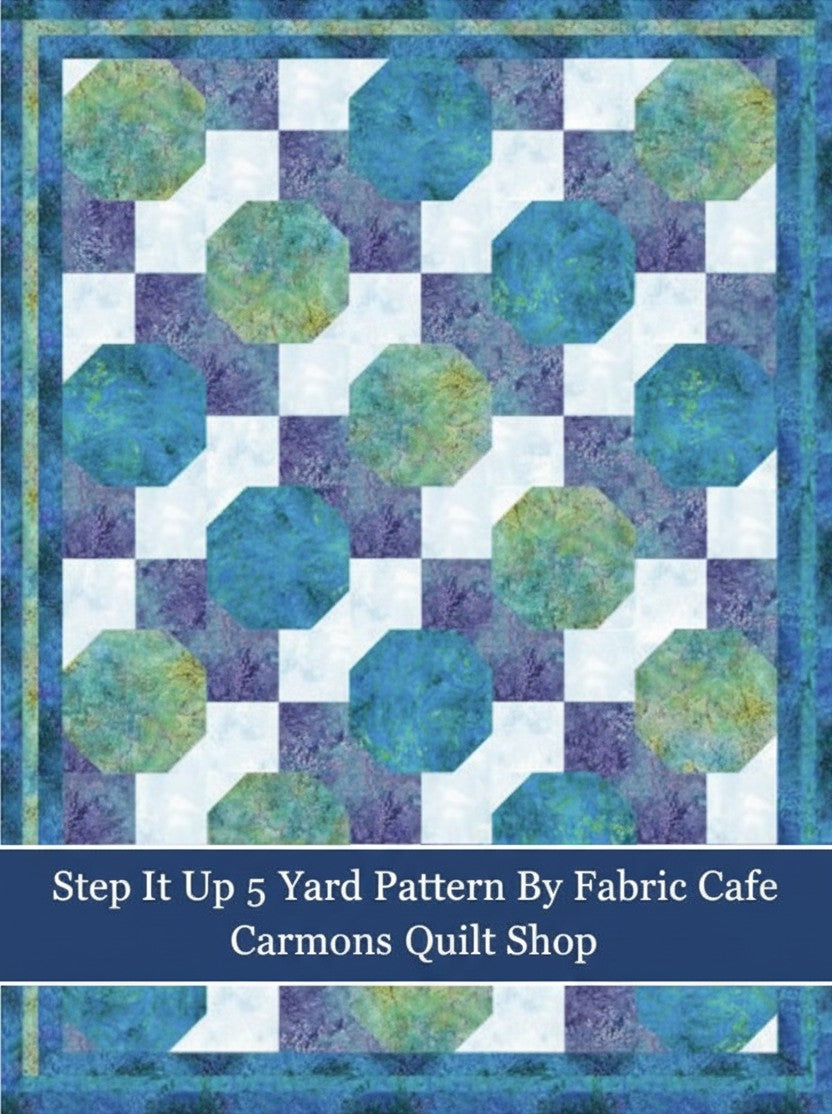 Carmon's Quilt Shop Step It Up With 5-Yard Quilts pattern book featuring a blue and white geometric quilt design.