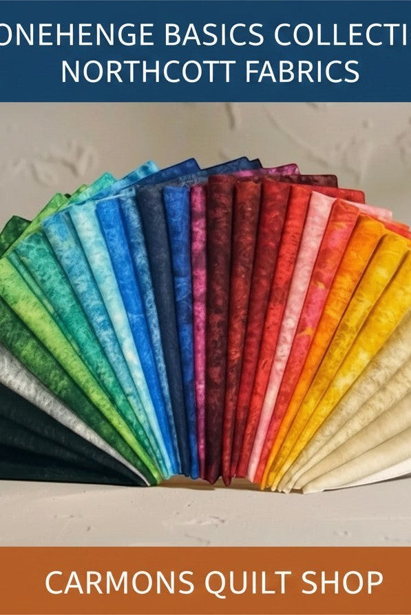 Carmon's Quilt Shop Stonehenge Basics 28-piece fabric bundle featuring a rainbow spectrum of premium cotton textures