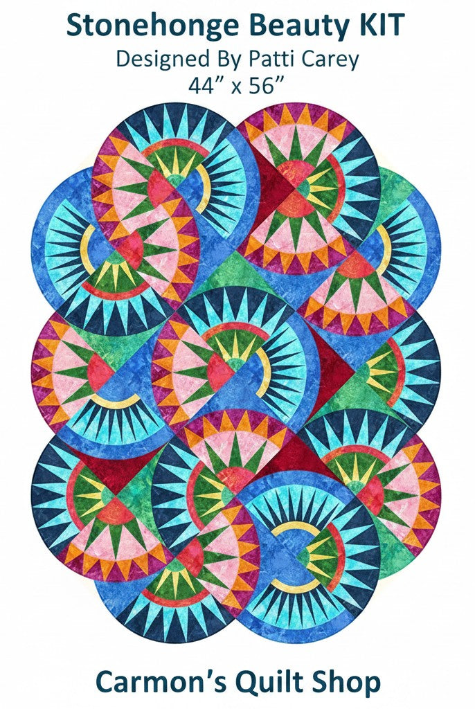 Carmon's Quilt Shop Stonehenge Beauty quilt kit featuring a vibrant paper-pieced star design in multi-colored fabric.