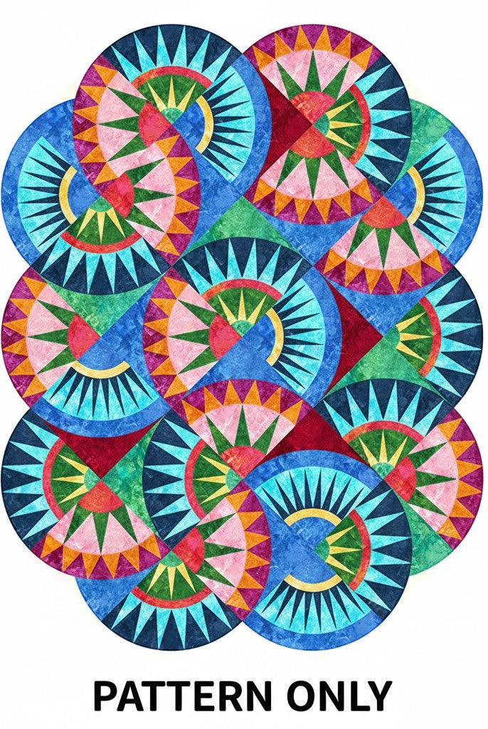Carmon's Quilt Shop Stonehenge Beauty paper pieced star quilt pattern featuring vibrant circular geometric designs.
