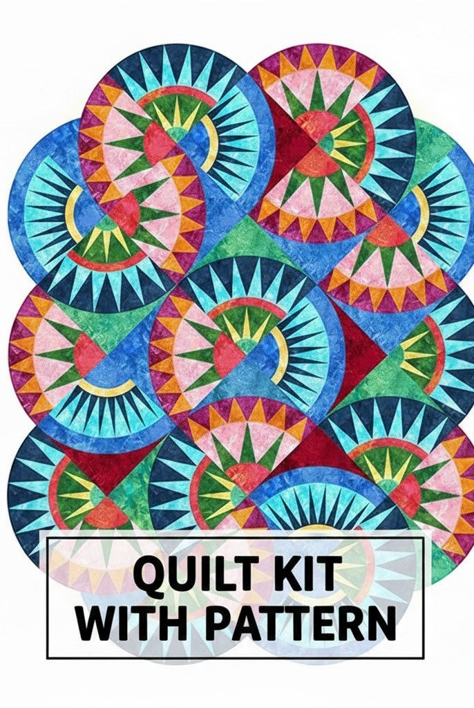 Carmon's Quilt Shop Stonehenge Beauty quilt kit featuring a vibrant paper-pieced star design in multi-colored fabric.