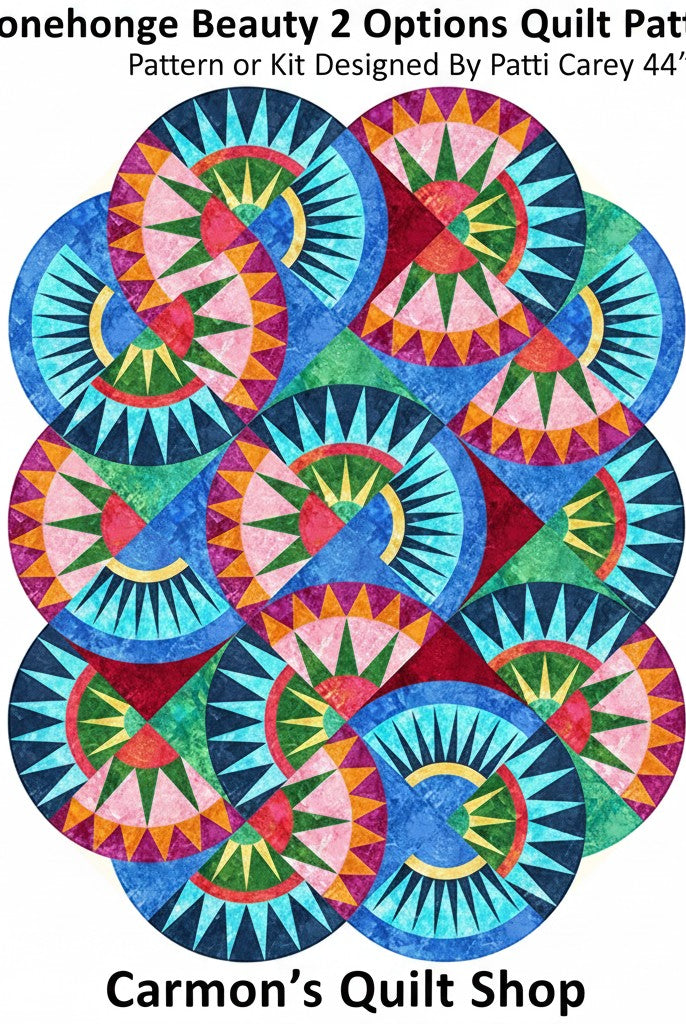 Carmon's Quilt Shop Stonehenge Beauty paper-pieced star wall hanging quilt with vibrant circular geometric patterns.