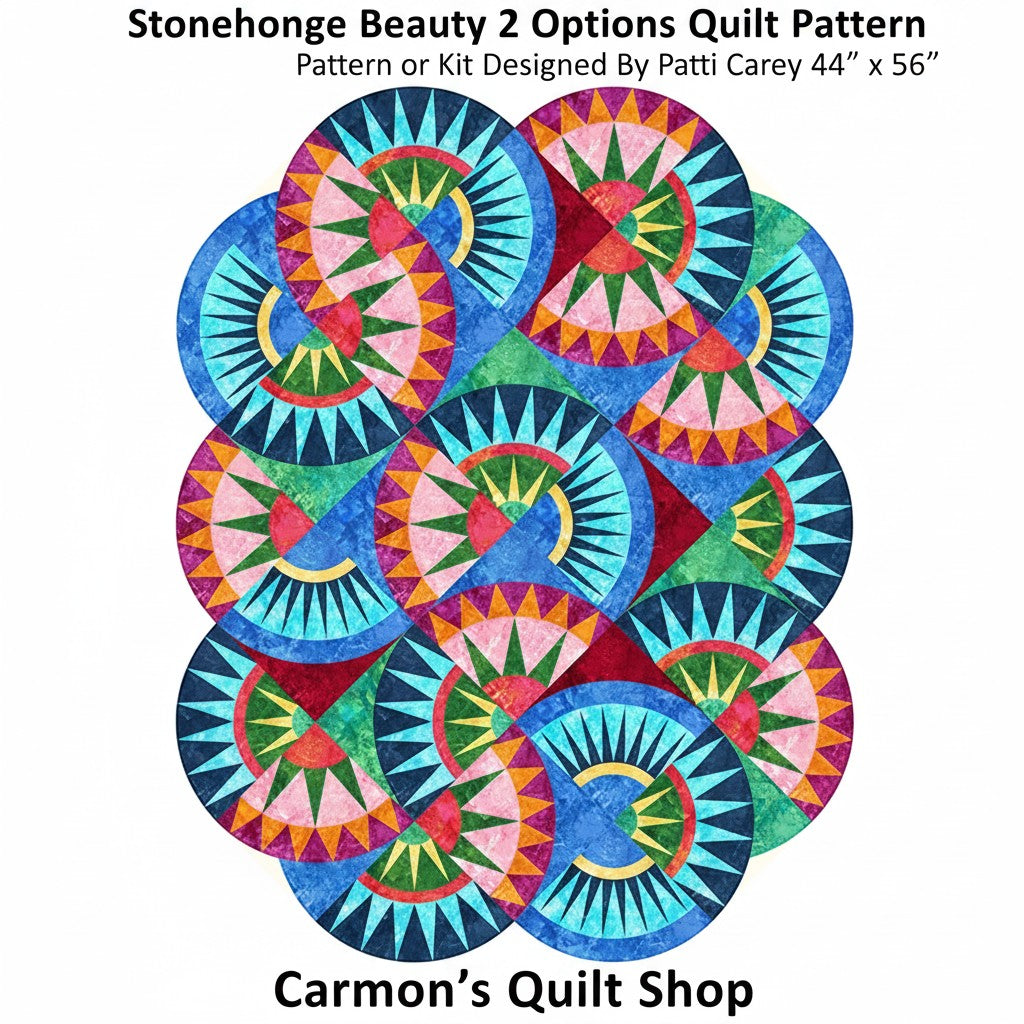 Carmon's Quilt Shop Stonehenge Beauty paper-pieced star wall hanging quilt with vibrant circular geometric patterns.