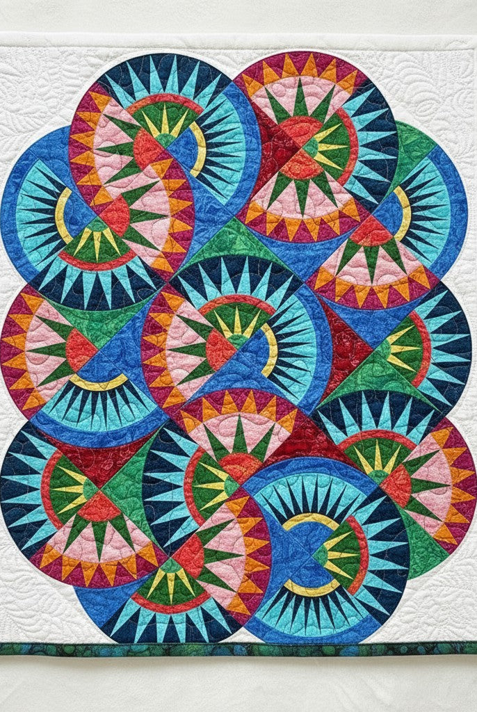 Carmon's Quilt Shop Stonehenge Beauty paper-pieced star wall hanging quilt with vibrant multi-colored geometric patterns.