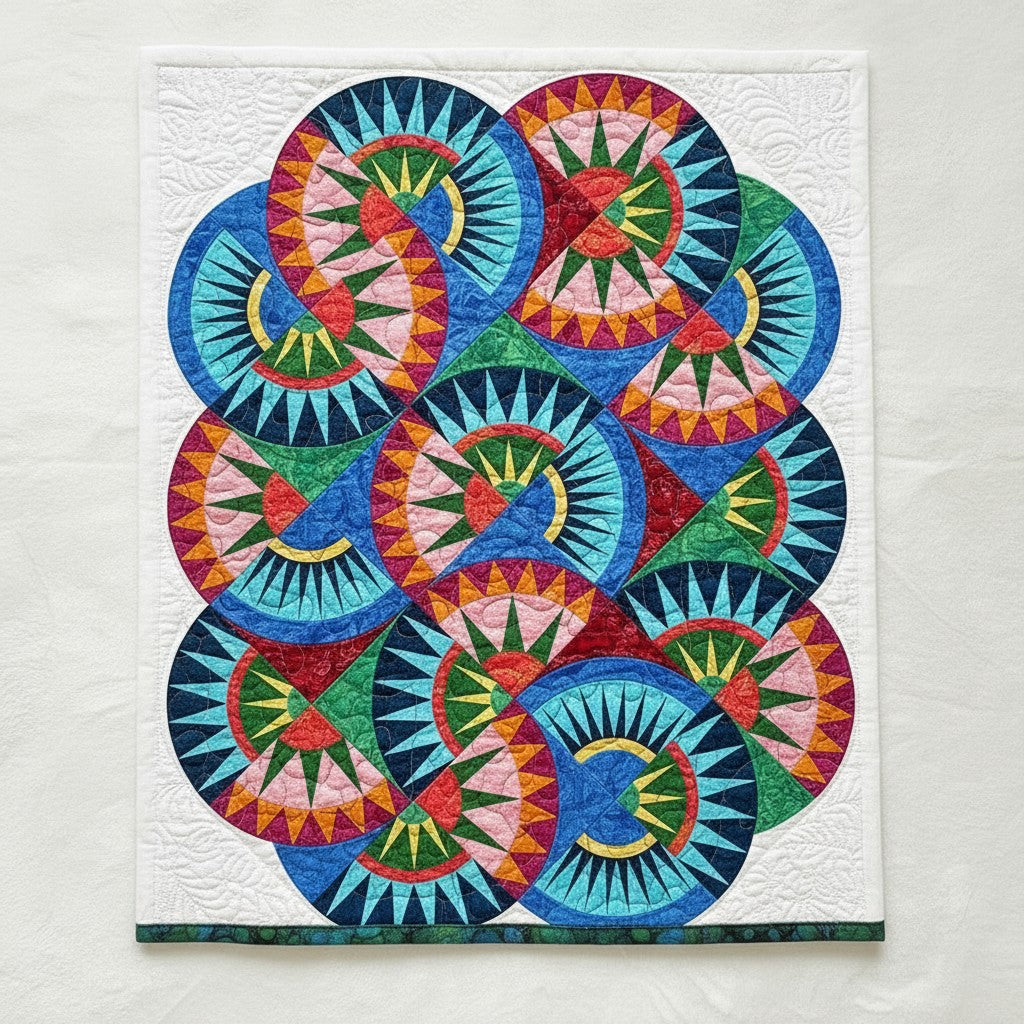 Carmon's Quilt Shop Stonehenge Beauty paper-pieced star wall hanging quilt with vibrant multi-colored geometric patterns.
