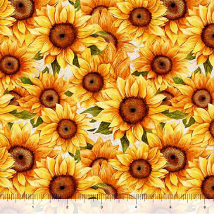 Carmon's Quilt Shop 108 inch wide 100% cotton fabric featuring a packed sunflower pattern on a white background.