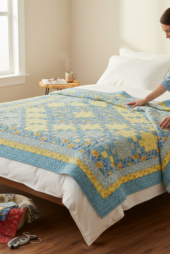 Carmon's Quilt Shop Sunny Skies quilt kit featuring blue and yellow floral fabric on a bed with a woman styling it