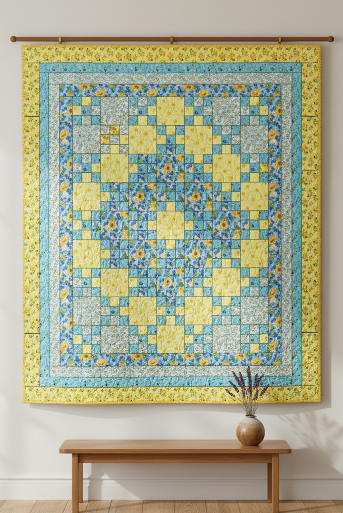 Carmon's Quilt Shop Sunny Skies quilt kit featuring a yellow and blue floral patchwork design hanging on a wall.