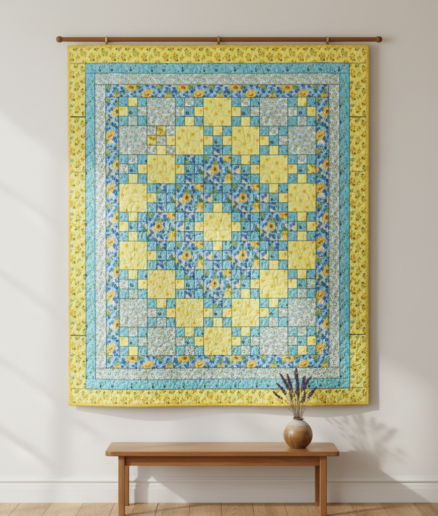 Carmon's Quilt Shop Sunny Skies quilt kit featuring a yellow and blue floral patchwork design hanging on a wall.