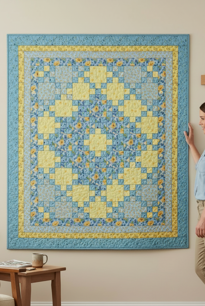 Carmon's Quilt Shop Sunny Skies quilt kit featuring a blue and yellow floral patchwork design hanging on a wall.