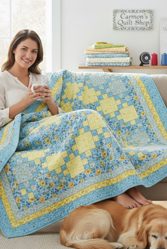 Woman sitting on a sofa with a blue and yellow Sunny Skies quilt kit from Carmon's Quilt Shop and a golden retriever