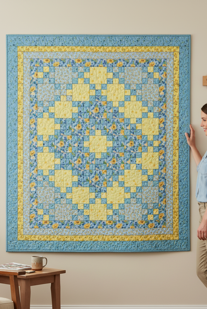 Carmon's Quilt Shop Sunny Skies quilt kit featuring a yellow and blue floral patchwork design hanging on a wall