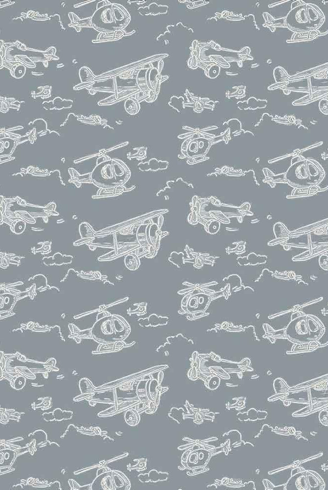 Carmon's Quilt Shop Sweet Dreams baby quilt kit fabric with white line drawings of biplanes, helicopters, and clouds on a grey background. 100% cotton.