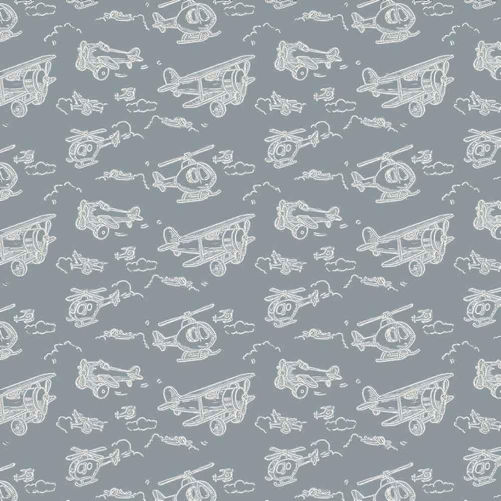 Carmon's Quilt Shop Sweet Dreams baby quilt kit fabric with white line drawings of biplanes, helicopters, and clouds on a grey background. 100% cotton.