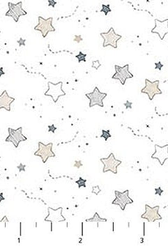 Carmon's Quilt Shop Sweet Dreams baby quilt kit fabric with sketched stars in blue, tan, and grey on white. 100% cotton.