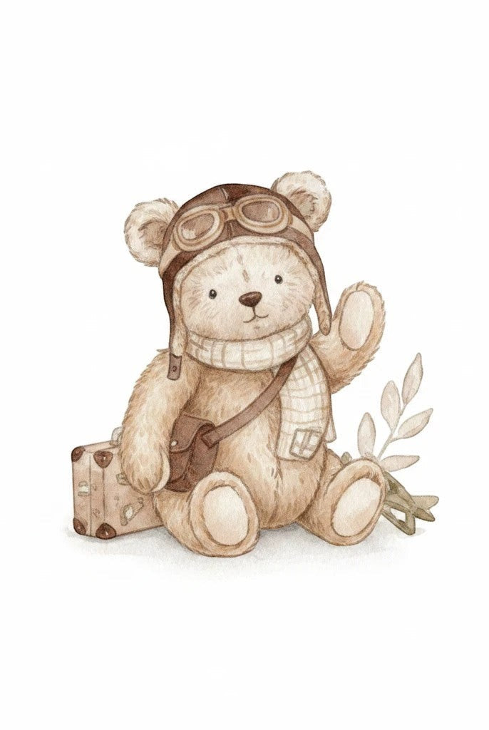 Carmon's Quilt Shop Sweet Dreams baby quilt kit features a teddy bear in aviator gear with a suitcase and airplane motif. 100% cotton.