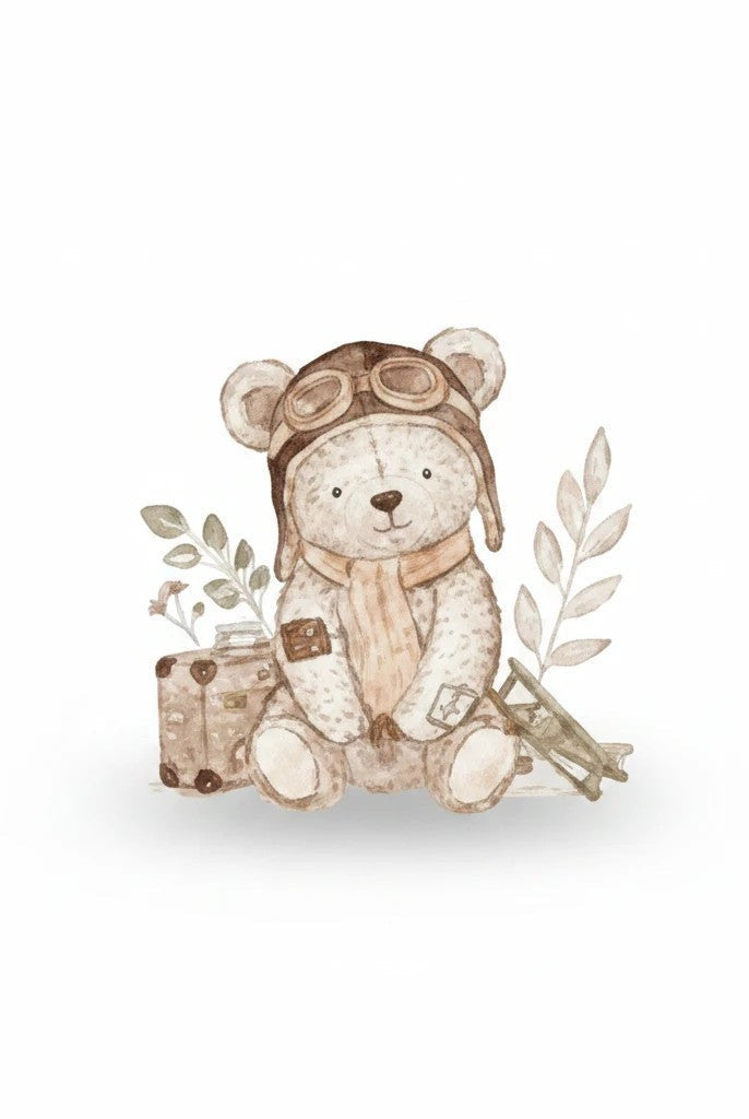Carmon's Quilt Shop Sweet Dreams baby quilt kit features a teddy bear in aviator gear with a suitcase and toy airplane.