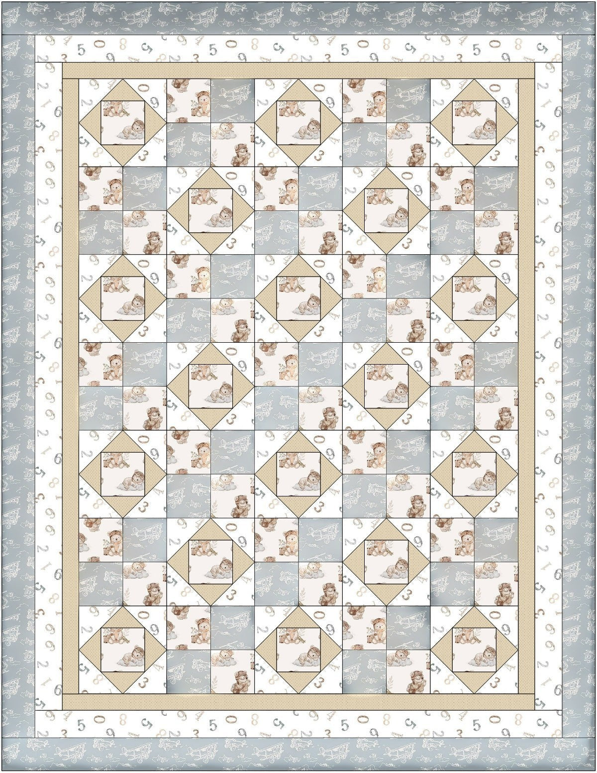 Carmon's Quilt Shop Sweet Dreams baby quilt kit with bears and airplanes in blue, cream, and tan. 100% cotton.