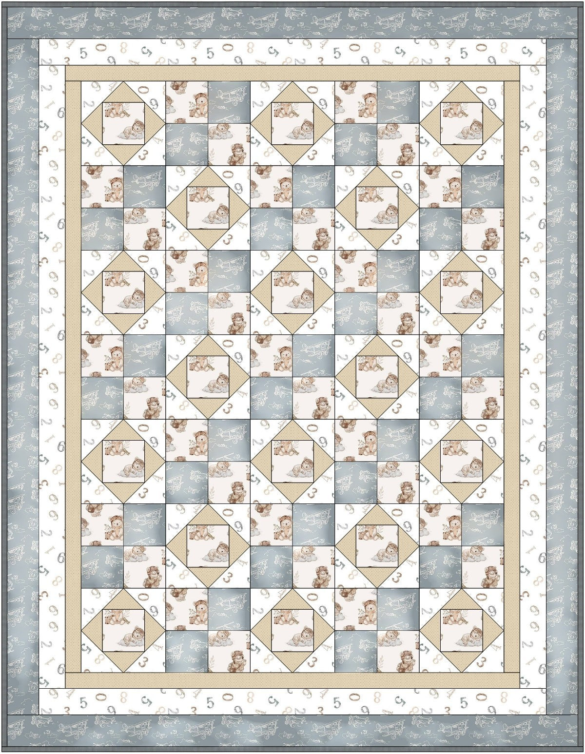 Carmon's Quilt Shop Sweet Dreams Baby Quilt Kit featuring teddy bears and airplanes in blue and cream 100% cotton fabric.