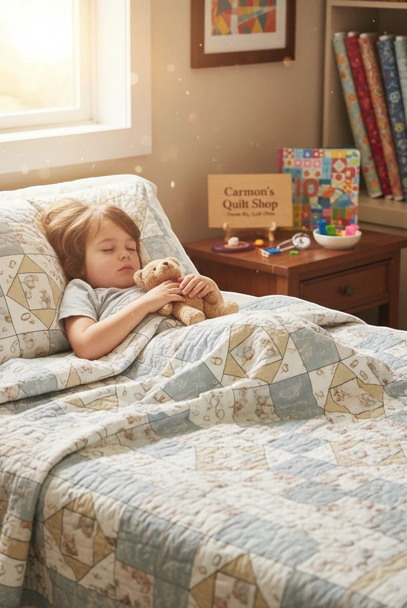 Carmon's Quilt Shop Sweet Dreams baby quilt kit with teddy bears and airplanes in blue and cream 100% cotton.