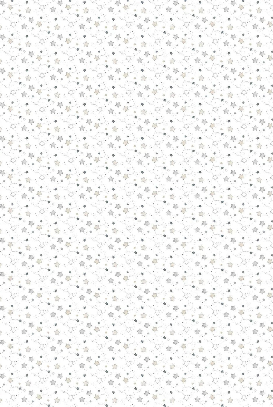 Carmon's Quilt Shop Sweet Dreams Baby Quilt Kit fabric with small scattered stars in blue, grey, and cream on a white background.