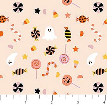 Carmon's Quilt Shop Sweet Treat quilting cotton fabric featuring ghosts, candy, and pumpkins on a peach background