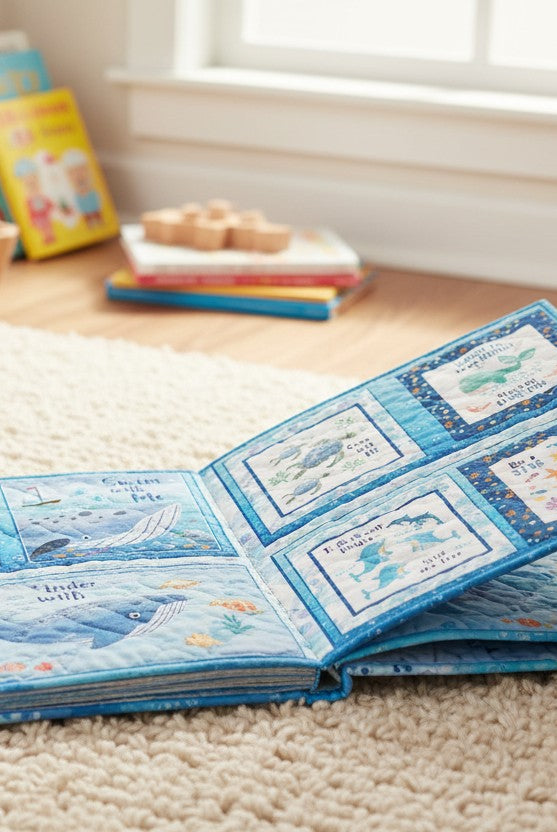 Carmon's Quilt Shop Swim with Me fabric book panel featuring blue underwater illustrations for children's quilts