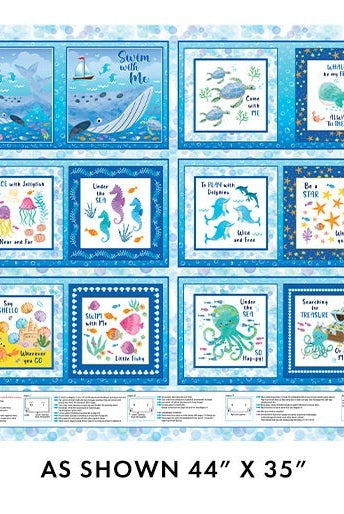 Carmon's Quilt Shop Swim with Me fabric panel featuring colorful underwater book pages for children's quilts