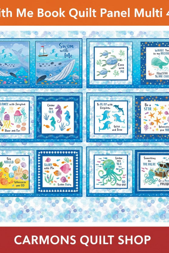 Carmon's Quilt Shop Swim with Me fabric panel featuring colorful underwater book illustrations for children's quilts.